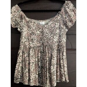 Jopra Floral Babydoll Top Medium Pink Cream Ditsy Boho Peplum Blouse Puff Sleeve